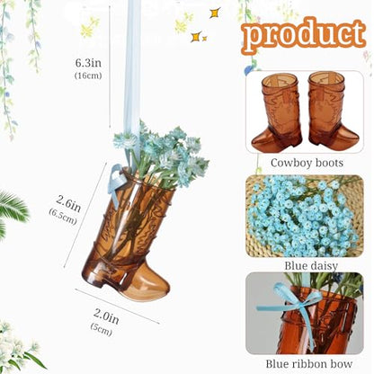 Cowboy Boot Car Charm Country Rear View Mirror Wildflower Bouquet Car Mirror Charm Western Car Accessories Blue Bow Hanging Cute Car Decor Ornament Pendent for Women Man