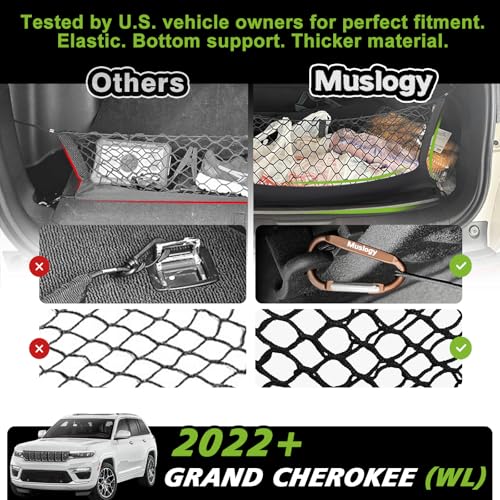 Truck Bed Cargo Net Trunk Netting Compatible with 2022-2025 2026 Jeep Grand Cherokee WL (2-Row) Accessories, Pickup Cargo Organizer SUV Sedan Storage Net w/Heavy Duty Carabiners - style: 2022+ Grand Cherokee (2-Row)