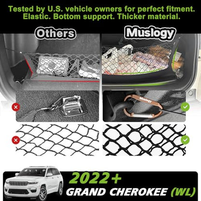 Truck Bed Cargo Net Trunk Netting Compatible with 2022-2025 2026 Jeep Grand Cherokee WL (2-Row) Accessories, Pickup Cargo Organizer SUV Sedan Storage Net w/Heavy Duty Carabiners - style: 2022+ Grand Cherokee (2-Row)