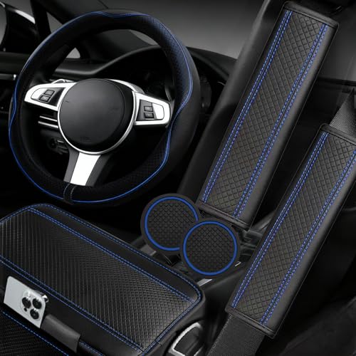NBTEPEM 6 PCS Car Steering Wheel Cover Set, Microfiber Leather Steering Wheel Covers Universal 14.5-15 inch, Center Console Cover, Seat Belt Cushion, Cup Holder Coaster, Car Accessories Set Blue - color: Black with blue, size: Steering Wheel Cover Set