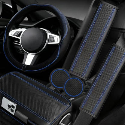 NBTEPEM 6 PCS Car Steering Wheel Cover Set, Microfiber Leather Steering Wheel Covers Universal 14.5-15 inch, Center Console Cover, Seat Belt Cushion, Cup Holder Coaster, Car Accessories Set Blue - color: Black with blue, size: Steering Wheel Cover Set