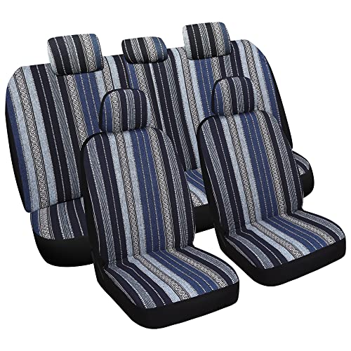 VarCozy Baja Saddle Blanket Seat Covers, Front Seat Covers for Sedan, SUV, Truck, Universal Stripe Colorful Woven Automotive Seat Cover, Breathable, Washable, Airbag Compatible - color: Blue Baja 02A, size: Full Set