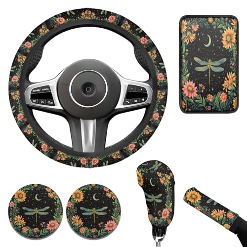 Dragonfly Print 6 Pcs car Steering Wheel Cover Handbrake Gear Cover Cup Coaster Armrest Cover Cars Interior Decor Protector Fit for SUV Truck Sedan - color: Dragonfly flower