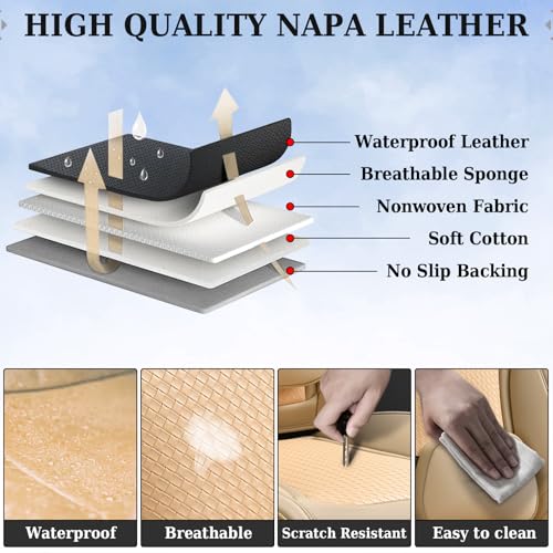 Coverado Seat Covers, Car Seat Covers Front Seats, Waterproof Nappa Leather Auto Seat Cover with Lumbar Head Pillow, Beige Seat Covers Carseat Cover Universal Fit for Most Cars - color: Beige（Pillow）, size: Front