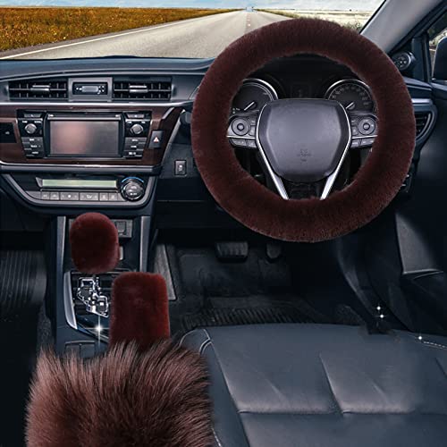 WenMei 1 Set 4 Pcs Fluffy Steering Wheel Cover&Handbrake Cover&Gear Shift Cover&Fluffy Auto Center Console Cover Faux Wool Steering Wheel Covers for Women Universal Car Interior Accessories (Brown) - color: Brown