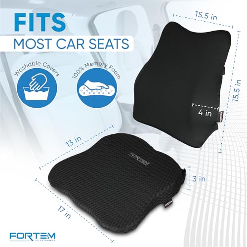 FORTEM Car Seat Cushion and Back Support Pillow, Memory Foam Car Wedge Cushion, Comfort Back Rest and Lumbar Support for Driving, Non Slip Seat Pad, Adjustable Straps, Washable Cover - size: XL (Combo)