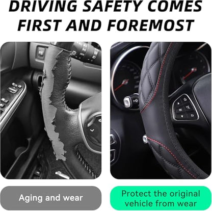 15 Inch Car Leather Steering Wheel Cover, Automotive Accessories Elastic Breathable Anti-Slip Soft Wheel Protector Fits Men and Women, Suitable for SUVs, Trucks, Vehicles and RVs (Black-1) - color: Black-1