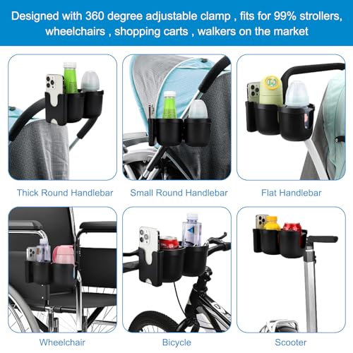 Accmor Stroller Cup Holder with Phone Holder, Bike Cup Holder, Universal Cup Holder for Uppababy Nuna Doona Strollers, 2-in-1 Cup Holder for Walker, Wheelchair, Scooter - color: Double Holder-All Black