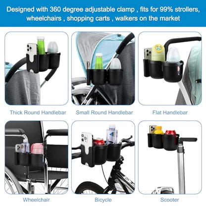 Accmor Stroller Cup Holder with Phone Holder, Bike Cup Holder, Universal Cup Holder for Uppababy Nuna Doona Strollers, 2-in-1 Cup Holder for Walker, Wheelchair, Scooter - color: Double Holder-All Black