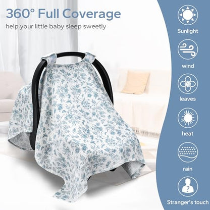 SERAPHY 100% Muslin Cotton Car Seat Covers for Babies - Universal, Breathable Canopies for Boys and Girls - Soft Summer Car Seat Cover - Blue Flowers - color: Blue Flowers