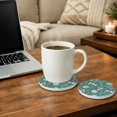 Ceramic Car Coasters, 2 Pack, 2.64" Absorbent Car Cup Holder Coasters, Cute Ceramic Car Coasters for Women, All-Over Floral Pattern - color: All-over Flower