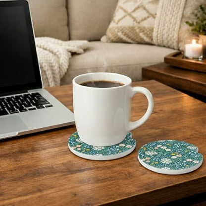 Ceramic Car Coasters, 2 Pack, 2.64" Absorbent Car Cup Holder Coasters, Cute Ceramic Car Coasters for Women, All-Over Floral Pattern - color: All-over Flower