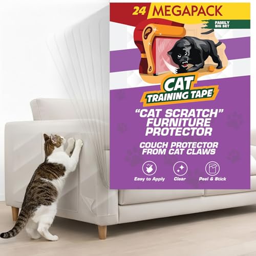 24 Pack Cat Scratch Furniture Protector Tape Sheets – Double-Sided Sticky Training (10 XL, 10 Large, 4 Medium) – Anti-Scratch Couch & Sofa Guard – Clear – Not for Leather, Velvet, Microfiber - size: 24 Sheets