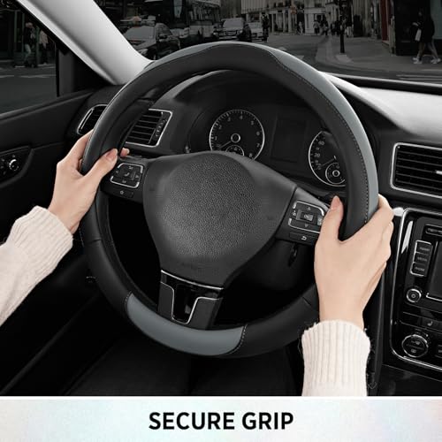 Road Comforts Steering Wheel Cover, Breathable Anti-Slip Leather Steering Wheel Cover, Universal Fit 14.5–15 Inch, Comfortable Grip - Gray Color