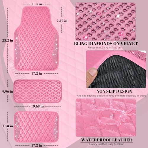 CAR PASS Bling Leather Car Mats Shining Diamond Floor Mats Crystal Rhinestones Sparkly Glitter Carpet Anti-Slip Waterproof Pad Universal Fit for Automotive SUV, Sedan, Van, 5pcs for Girl Women Pink - color: Pink Leather Diamond