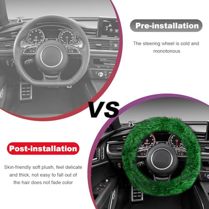 Fluffy Steering Wheel Cover, 15 Inch Anti-Slip Microfiber Plush Fuzzy Steering Wheel Cover, Winter Warm Elastic Fuzzy Steering Wheel Covers for Women and Men, Car Accessories (Green) - color: Green