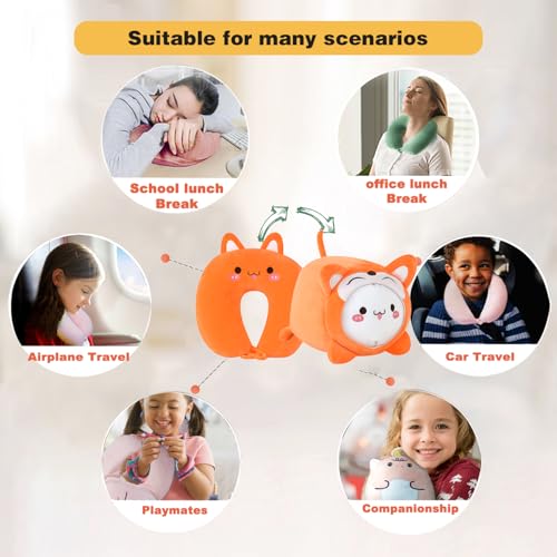 Kids Travel Pillow - 2-in-1 Deformable Kids Neck Pillow for Traveling, Soft U-Shaped Pillow with Adorable Animal Design, Comfy Sleep and Play, Ideal for Airplanes and Traveling (QQ Orange Fox) - size: QQ Orange Fox