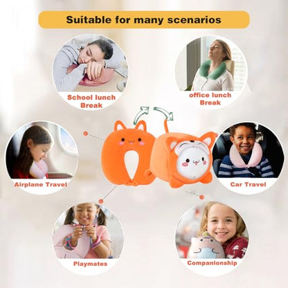 Kids Travel Pillow - 2-in-1 Deformable Kids Neck Pillow for Traveling, Soft U-Shaped Pillow with Adorable Animal Design, Comfy Sleep and Play, Ideal for Airplanes and Traveling (QQ Orange Fox) - size: QQ Orange Fox