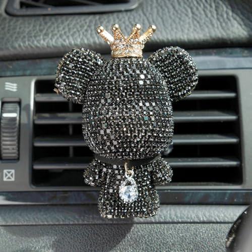 Cute Car Accessories, Bling Crystal Bear Car Air Freshener With Vent Clip,Rhinestone Aesthetic Car Decor Interior Decoration (BLACK)