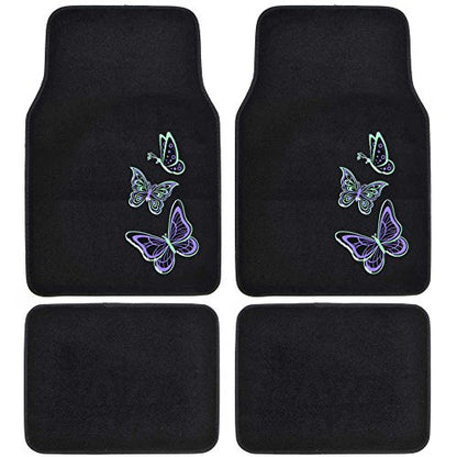 BDK Embossed Neon Purple & Green Butterflies Design Carpet Car Floor Mats for Auto Van Truck SUV-4 Pieces Front & Rear Full Set with Rubber Backing-Universal Fit - color: Neon Butterflies Mats