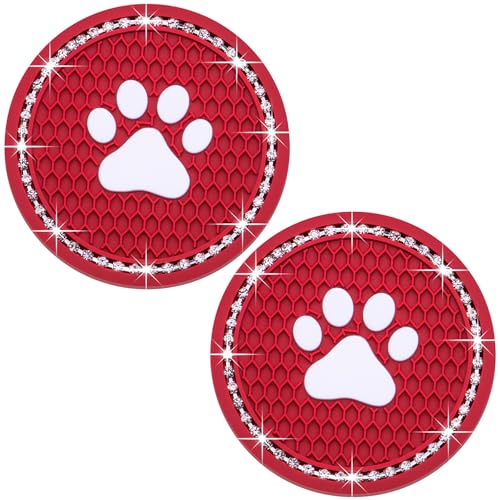 2PCS Bling Car Cup Holder Coaster, Universal Dog/Cat Paw Auto Non-Slip Crystal Rhinestone Cup Holder Coaster, 2.75In Universal Non-Slip Recessed Car Interior Accessories (Red & White) - color: Red & White, size: 2 pcs