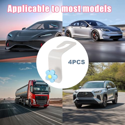 4 PCS Car Headrest Hook, Multifunctional Flower Vehicle Seat Back Storage Hook, Cute Automotive Seatback Organizer Hanger for Purse Grocery Bag Handbag, Universal Fit (Beige/Blue) - color: Beige/Blue