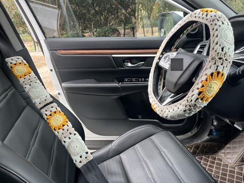 Handmade Crochet Sun Moon Car Steering Wheel Covers Universal 14-15 inch,Cute Steering Wheel Cover,Car Accessories (Steering Wheel Cover+2 Belt Cover) - color: Steering Wheel Cover+2 Belt Cover