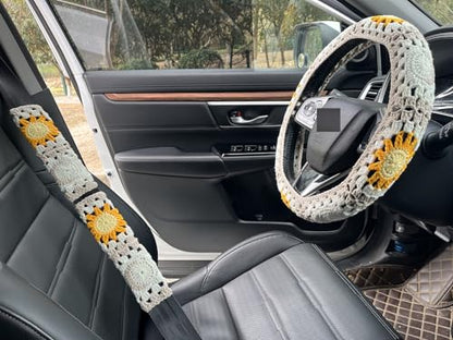 Handmade Crochet Sun Moon Car Steering Wheel Covers Universal 14-15 inch,Cute Steering Wheel Cover,Car Accessories (Steering Wheel Cover+2 Belt Cover) - color: Steering Wheel Cover+2 Belt Cover
