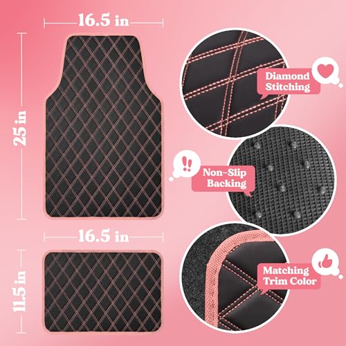 Carbella DiamondLuxe Faux Leather Floor Mats, Universally Sized, Diamond Stitched, All Weather, Easy to Clean, 4pc Set Car Accessories for Car, Truck, Van, and SUV, Easy to Install Car Mats (Pink)
