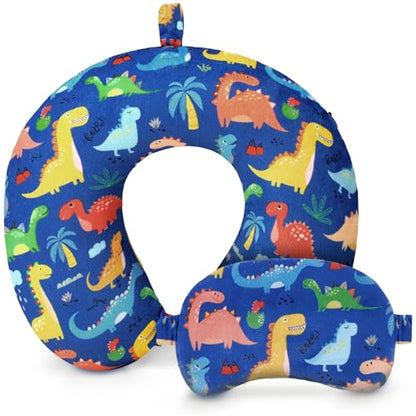 2 Pcs Dinosaur Travel Pillow with Sleep Eye Mask, U Shaped Memory Foam Headrest & Neck Pillow with Washable Cover, Soft Neck Head Support Travel Accessories for Airplane Car Train Bus Trips - style: Dinosaur
