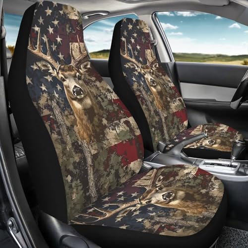 Car Front Seat Cover for Men 2 Pieces Set American Flag Deer Design Print Highly Elastic Automotive Seat Cover Anti Slip Towel Blanket for Trucks Sedans Van Skin-Friendly Soft - color: American Flag Deer Design Print