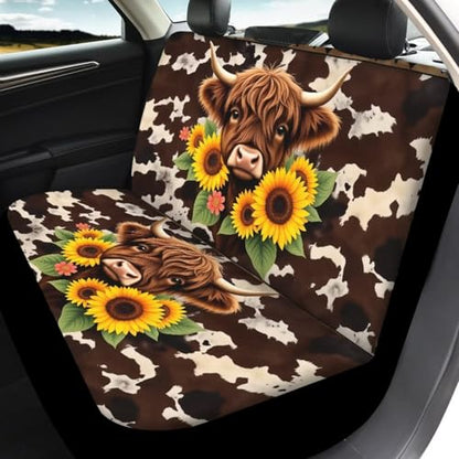 4 Pcs Aztec Highland Cow Car Seat Covers Full Set Highland Cow Sunflowers Auto Front Rear Seat Protector Aztec Tribal Car Accessories Set for Women Men Universal Vehicle Bucket Seats Covers - color: Aztec Highland Cow