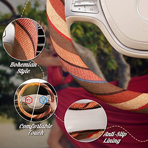 SEG Direct Boho Steering Wheel Cover with Baja Blanket Cloth, Ethnic Style Auto Wheel Cover Made of Coarse Flax, Fits 14 1/2-15 1/4 inches Car Wheel - color: Saturn Yellow