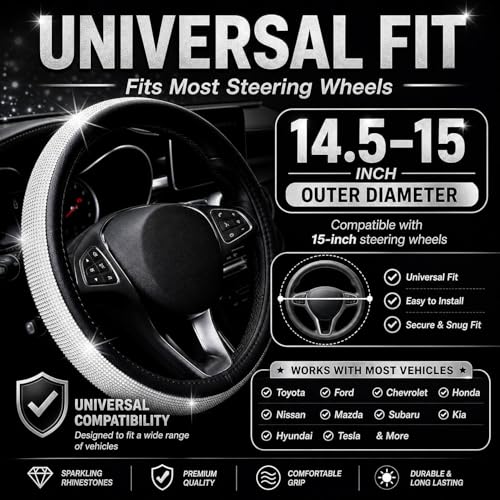 New Diamond+Leather Steering Wheel Cover,Bling Crystal Rhinestones Steering Wheel Cover Universal Fit 15" Car Wheel Protector for Women Girls (Black Leather+White Diamond) - color: black leather+white Diamond