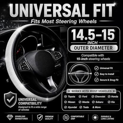 New Diamond+Leather Steering Wheel Cover,Bling Crystal Rhinestones Steering Wheel Cover Universal Fit 15" Car Wheel Protector for Women Girls (Black Leather+White Diamond) - color: black leather+white Diamond