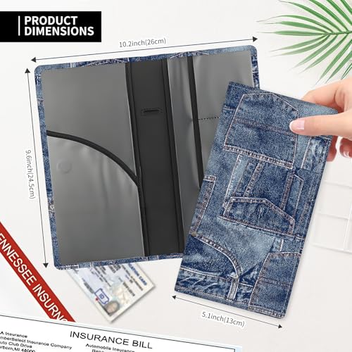 Leather Car Registration and Insurance Card Holder, Cute Car Accessories Vehicle Glove Box Car Organizer for Documents, Cards, License Cute Denim Pattern - color: Cute Denim Pattern