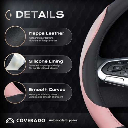 Coverado Car Steering Wheel Cover, Nappa Leather Black & Pink Steering Wheel Covers for Women, Universal 14-15 inch, Anti-Slip, Breathable Steering Wheel Protector - color: B-BlackPink