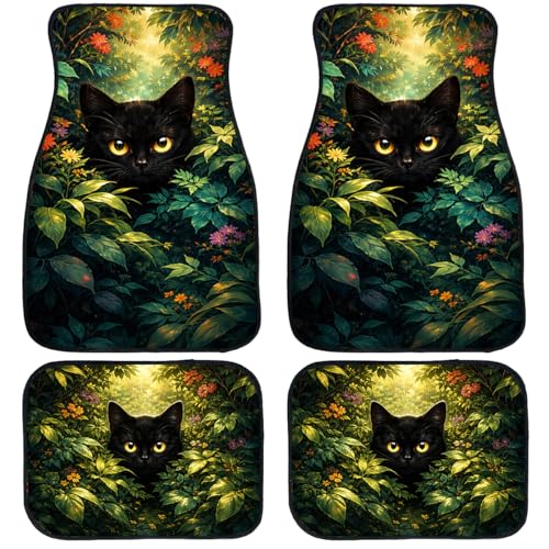 4 Piece Black Cat Car Floor Mats Full Sets Forest Flower Golden Eye Carpet Front Rear Carpets Mat Decorative Car Floor Carpets Non-Slip Auto Car Accessories Universal Fit for Car SUV Truck Van - color: Black Cat