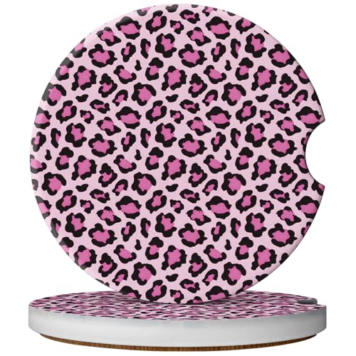 2 Pack Car Coasters for Cup Holders, Absorbent Ceramic Cup Coaster with Cork Base and Finger Notch, Cute Car Accessories Interior for Women Men (Leopard-Pink) - color: Leopard-Pink