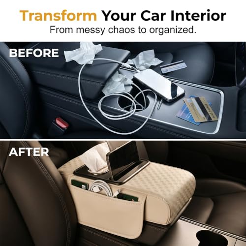 5 in 1 Car Center Console Cover, Car Armrest Cover with Cup Holder, Storage Pockets, Tissue Box Slot, Phone Holder, Car Interior Accessories (Beige) - color: Beige