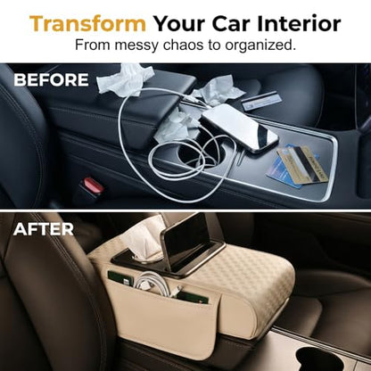 5 in 1 Car Center Console Cover, Car Armrest Cover with Cup Holder, Storage Pockets, Tissue Box Slot, Phone Holder, Car Interior Accessories (Beige) - color: Beige