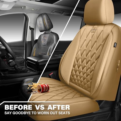 CAR PASS Piping Luxury PU Leather Two Front Car Seat Covers, Waterproof Anti Slip Seat Covers Compatible with Front Seat Armrests,Universal Fit for Suvs,Vans,Trucks,Airbag Compatible(All Beige) - color: All Beige, size: Two Front