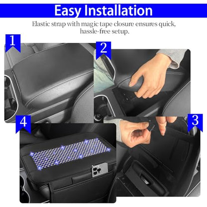 NBTEPEM Bling Car Armrest Cover, Universal Microfiber Leather Center Console Cover with 2 Pockets, Rhinestone Car Armrest Cushion Protector, Bling Accessories Interior for Most Vehicles (Blue Diamond)