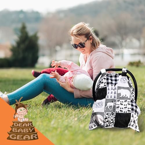 Dear Baby Gear - Infant Carseat Canopy and Winter Covers - Cozy Baby Car Seat Cover for Girls and Boys - Stroller Cover - Mountains Moose & Bear - Faux Quilt/Woodgrain 40" x 30" - color: Moose & Bear Faux Quilt/Black Woodgrain