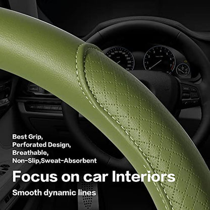 Steering Wheel Cover - Microfiber Leather with Classic Embossing, Anti-Slip Breathable Fit 15 Inch Wheel Protector (Green)