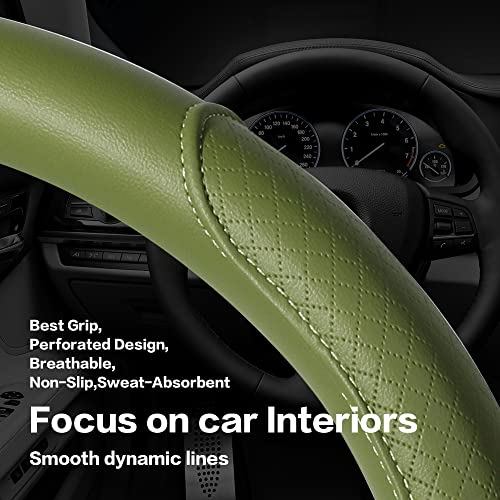 Steering Wheel Cover - Microfiber Leather with Classic Embossing, Anti-Slip Breathable Fit 15 Inch Wheel Protector (Green) - color: Green
