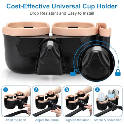 Accmor Stroller Cup Holder with Phone Holder, Bike Cup Holder, Universal Cup Holder for Uppababy Nuna Doona Strollers, 2-in-1 Cup Holder for Walker, Wheelchair, Scooter - color: Double Holder-Pink