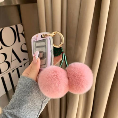 Cute Faux Rabbit Fur Ball Pom Pom Keychain Car Key Ring Handbag Tote Bag Pendant Purse Charm - color: Cherry-pink