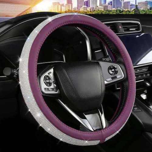Bling Diamond Leather Steering Wheel Cover, Purple Steering Wheel Covers for Women Girls with Crystal Rhinestones, Universal Fit 14.5"-15" Car Steering Wheel Bling Cover Accessories - color: Purple