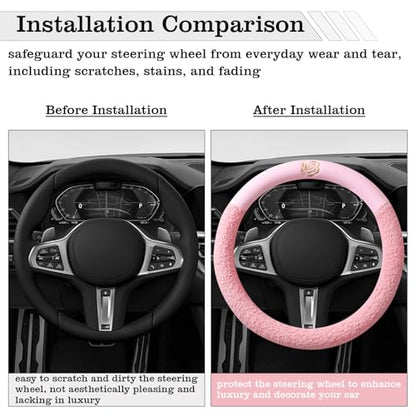 Pink Camellia Lambswool Steering Wheel Cover, for Universal Auto Steering Wheel 14.5-15 in, Lambswool Fabric, Anti-Slip, Soft Plush, Comforting and Luxurious, Embroidery Patterns, Soft Texture - color: Pink